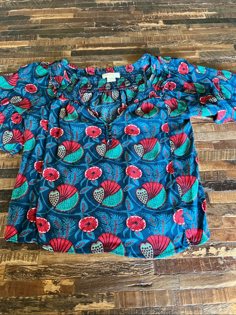 Maeve Teal Floral flutter sleeve Blouse with Red & Green Accents